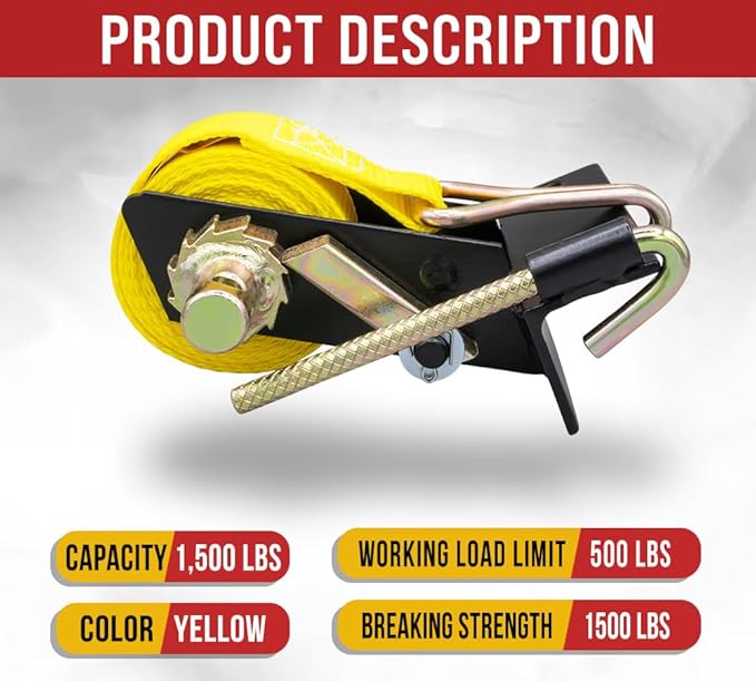 Mytee Products 2 Pack 1-1/2"x7' Yellow Ladder Rack Ratchet Straps with J-Hook (Pair) - 500 lbs Square Tube Mount - Retractable Ratchet Tie Down Strap for Roof Rack