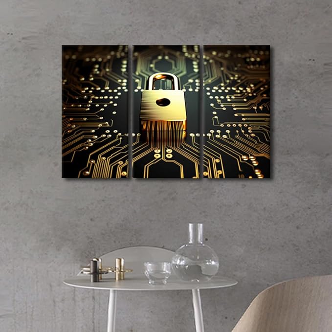 Wall Art for Living Room 3 Panel Golden Padlock on Circuit Board Created with AI Pictures Print on Canvas for Home Office Wall Decorations, Data Security Concept Artwork Ready to Hang, 42"Wx28"
