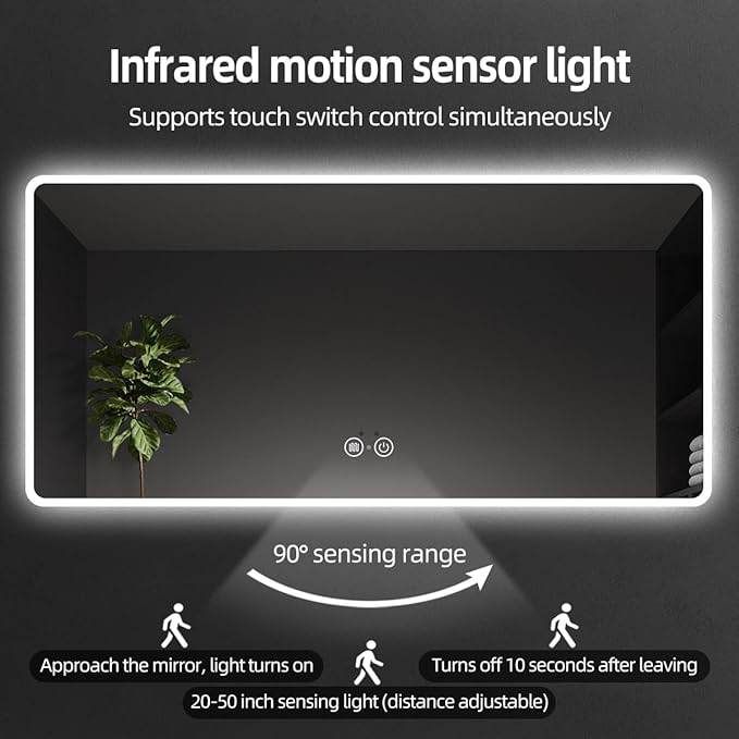 Led Mirror for Bathroom with Front Light and Backlit, Dimmable Anti Fog Wall Bathroom Mirror with Led Lights, Water Proof, Decor Vanity Mirror (36" L x 72" W)