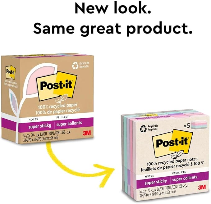 Post-it 100% Recycled Super Sticky Notes, 3 x 3 in, Pastels, 5 Pads | School Supplies and Office Products, 2X the Sticking Power