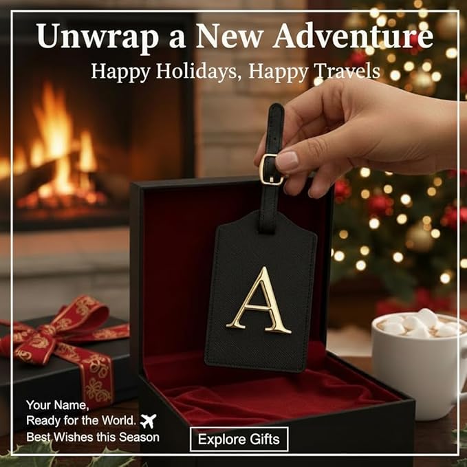 Personalized Initial Letter Luggage Tag for Suitcases PU Leather Baggage ID Tag with Metal Alphabet,Travel Accessory for Backpacks, Bags and Gift for Travelers (Black/Gold-Letter, A)