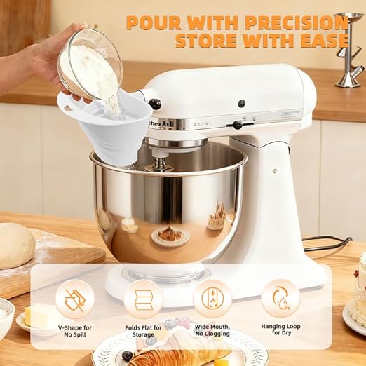 Flour Funnel for Kitchen Aid&Cream Scraper Set, Silicone Food-Grade | Stand Mixer | Leak-Proof Large Capacity Collapsible Design (Blue, Ordinary * 2+ Cream Scraper Set)