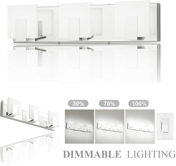 Aipsun 3 Lights Dimmable Modern LED Vanity Light for Bathroom Frosted White Acrylic Chrome Up and Down Bathroom Wall Light Fixtures Over Mirror(White Light 6000K)