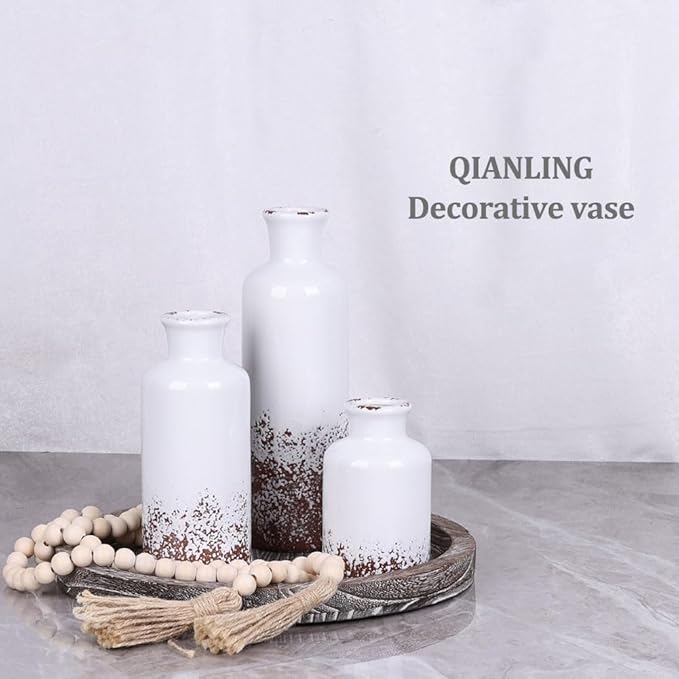 Gray Ceramic Vase Set - 3 Grey Small Vases, Farmhouse Country Flower Vase Home Decor, Living Room Decoration, Table Decoration, Fireplace Decor, and Entrance Decorations Centerpieces