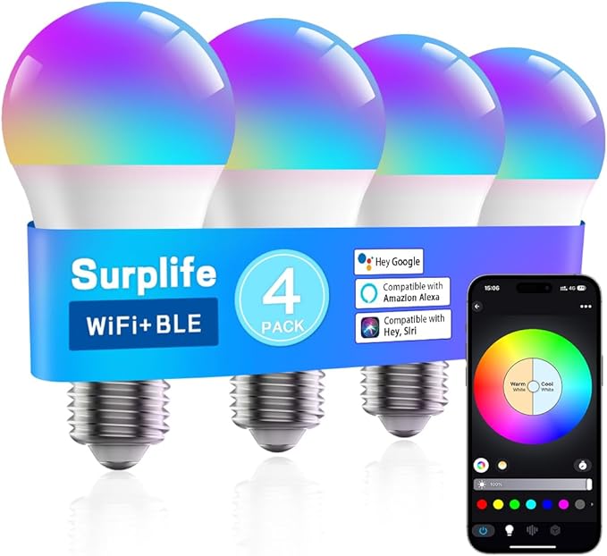 Smart Light Bulbs,Full Color Changing Dimmable LED Bulb,Compatible with Alexa and Google Assistant,UL FCC Certified,2.4GHz WiFi+Bluetooth LED Light Bulbs, Music Sync Smart Home Lighting (4)