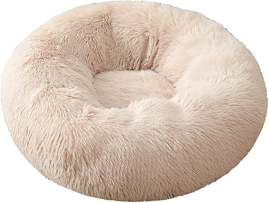 Calming Faux Fur Dog Beds Calming Donut Cuddler Dog Bed Washable Round Cat Bed Pillow Cuddler Fluffy Indoor Dog Calming Beds with Anti Slip Bottom Solid Color Beige 43 Inch