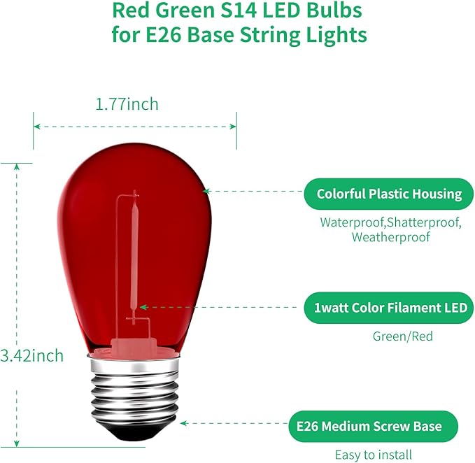 Meconard S14 Colored LED String Light Bulbs,1 Watt Plastic Shatterproof Waterproof Outdoor Indoor Replacement Bulbs for Home Decor, E26 Medium Base, Red Green Light Bulbs, 15Pack