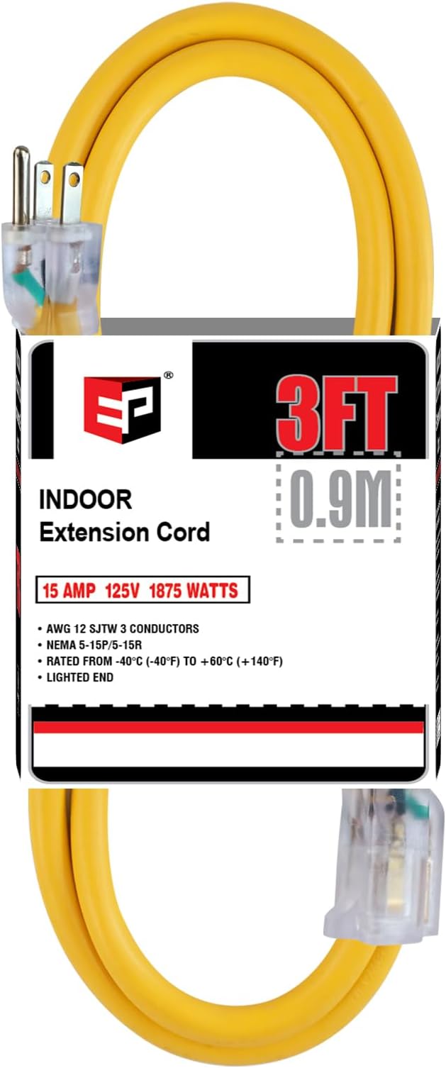 EP 3 ft Lighted Extension Cord - 12/3 SJTW Heavy Duty Yellow Extension Cable with 3 Prong Grounded Plug - 15AMP Power Cord for Lawn, Garden, Appliances