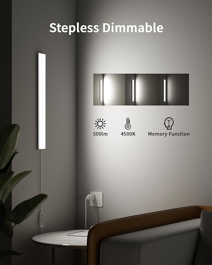 ASOKO Under Cabinet Lighting, Upgrade 16inch LED Closet Light with Dimmable 4500K Daylight White and Memory Function, Plug-in Under Counter Lights for Kitchen/Desk/Shelf/Workbench/Display Case/Room