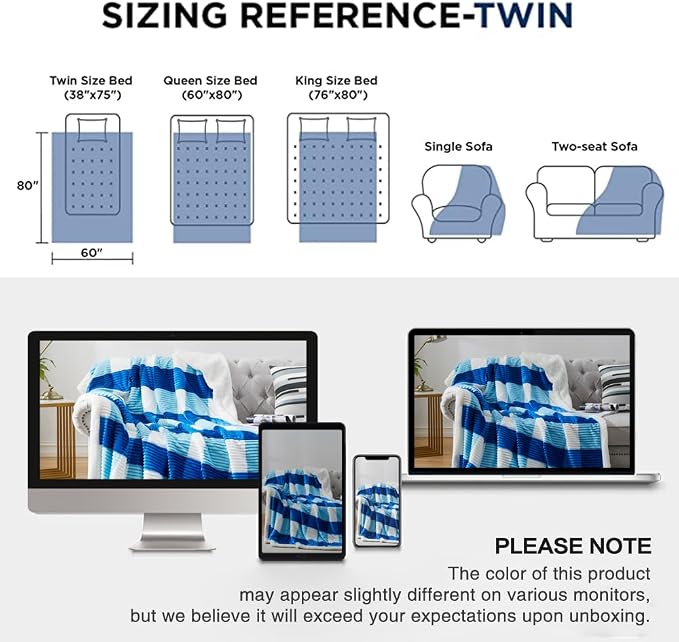 PU MEI Sherpa Blanket Twin Plaid Thick Bed Blanket, 60”*80” Super Soft Flannel Fuzzy Fleece Reversible Velvet Plush Warm Blanket for Couch (Blue Check, 60"*80")
