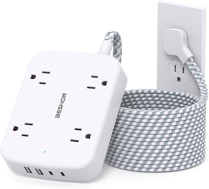 10FT Surge Protector Power Strip, Flat Extension Cord with 2 USB C, Flat Plug Power Strip, 4 Widely Outlets and 4 USB Charging Ports, Outlet Extender, 900 Joules, for Home Office Dorm Room Essentials