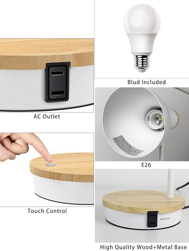 Metal Desk Lamp Wireless Charging Table Lamp Touch Reading Lights Arc Desk Lamps for Bedroom, 3 Way Dimmable Bedside Lamp with USB Charging Ports Lamp for Study Room and Office (Touch-White)
