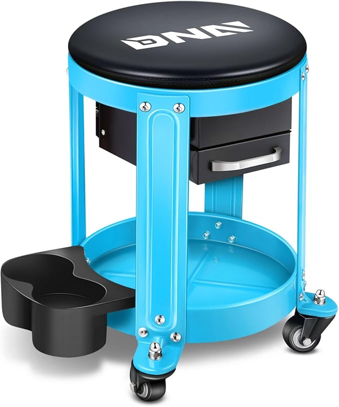 DNA Motoring Round Mechanics Roller Seat Creeper Stool with Padded Cushion, Tool Storage Drawer & Tray, 300 Lbs Max Weight Capacity, Blue, TOOLS-00492