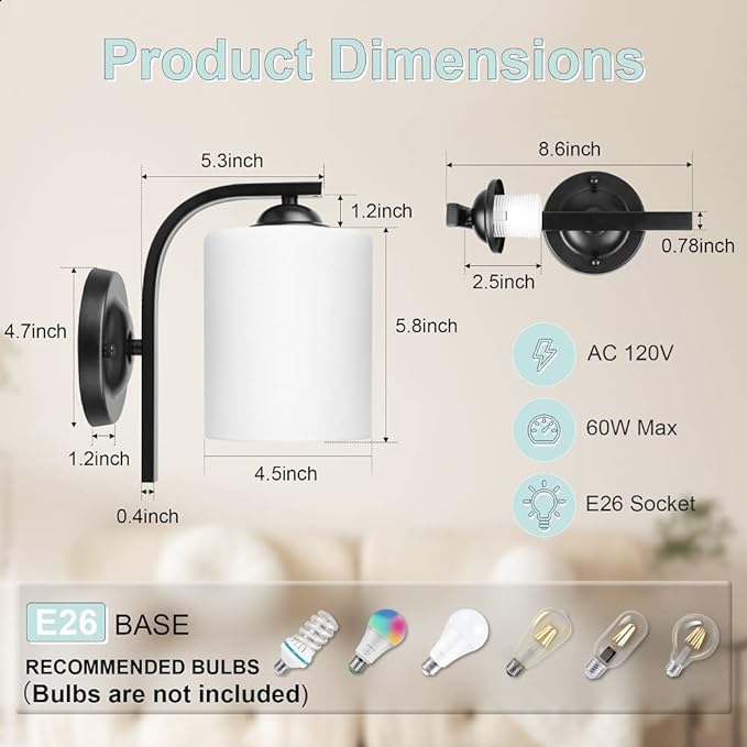 CANMEIJIA Wall Sconce 1 Light, Modern Wall Light Fixture, Bathroom Vanity Lights with Matte Black Wall Lamp for Bedroom Kitchen Hallway Porch, Milky White Glass Shades, E26 Socket, Bulbs Not Included