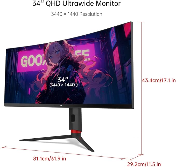 KTC 34 Inch Curved Ultrawide Gaming Monitor, 21:9, 3440x1440p 180Hz 1ms, 1500R Curved Monitor, Freesync G-sync, Picture by Picture,PIP, Height/Tilt/Swivel/Pivot, H34S18S