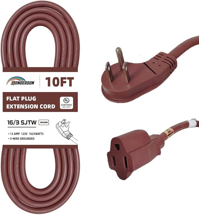 Flat Plug Indoor Extension Cord, UL Listed, 16 Gauge 10FT Brown 3 Prong Heavy Duty, 16/3 SJTW 13A Power Cord for Lights, Appliances, Home