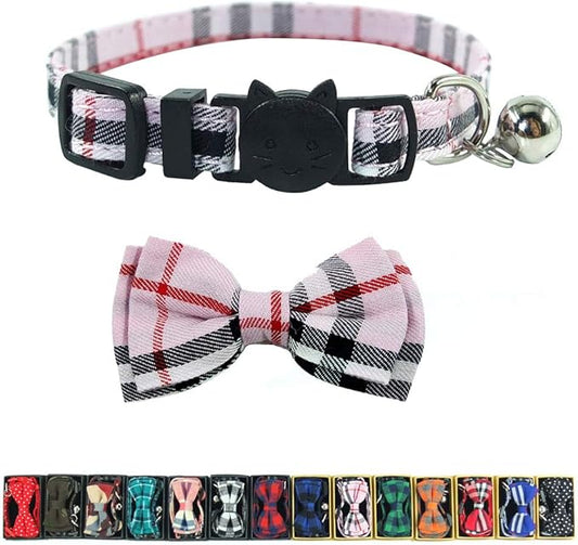 Cat Collar Breakaway with Bell and Bow Tie, Plaid Design Adjustable Safety Kitty Kitten Collars(6.8-10.8in) (Pink Plaid 1)