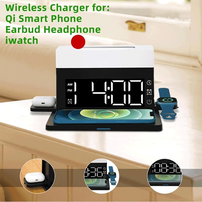 IHAO 6in1 Smart Alarm Clock with Wireless Charger RGB Mood Light 15W Fast Wireless Charging for All Qi Phone TWS Headphone Compliant with i-Watch 7 Color Night Light Large Digital Display-White