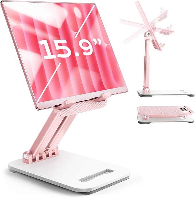 LISEN for iPad Stand Adjustable Tablet Holder Desk, iPad Accessories Pink | Foldable eBook Readers Desk Accessories Fits Kindle Stand 4-15.9"