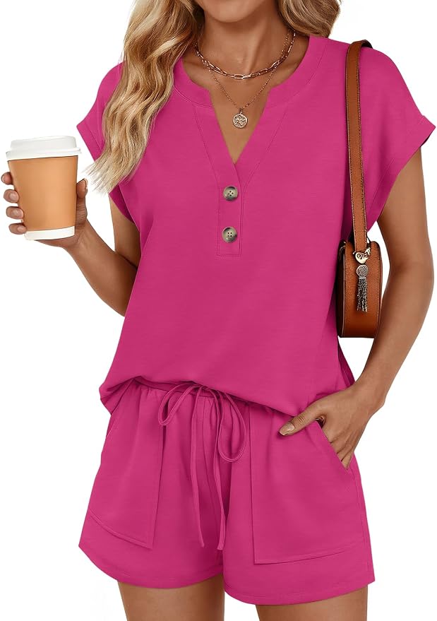 LILLUSORY 2 Piece Summer Set 2026 Henley Top & Drawstring Shorts with Pockets