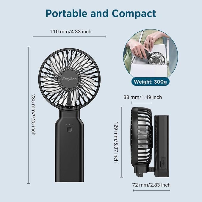 EasyAcc Portable Travel Fan [Max 53H Cooling Time] 9000mAh Rechargeable Battery Powered Handheld Fan with Power Bank 4 Speeds Powerful Personal Desk Electric for Travel Outdoor Office