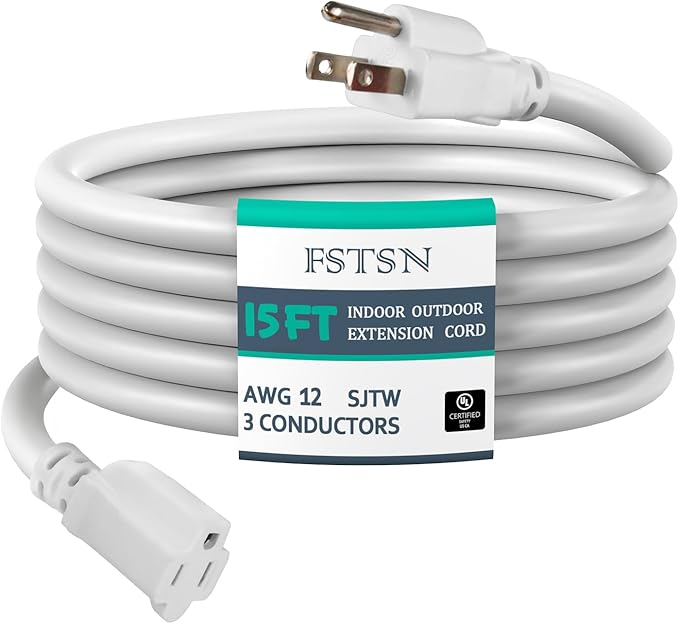 15 ft Heavy Duty Extension Cord - 12/3 SJTW 15 AMP Indoor Power Cord with 3 Prong Grounded Plug for Lawn Mower, Appliances, Workshop, Christmas Lights Water Resistant Flexible Cable White.
