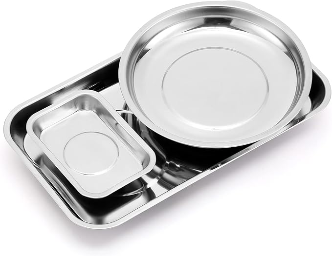 Mayouko 3PCS Magnetic Parts Tray Set, Stainless Steel Dish Holder, for Screw, Nuts, Bolts, Small Parts, Round Rectangular Magnetic Parts Dish