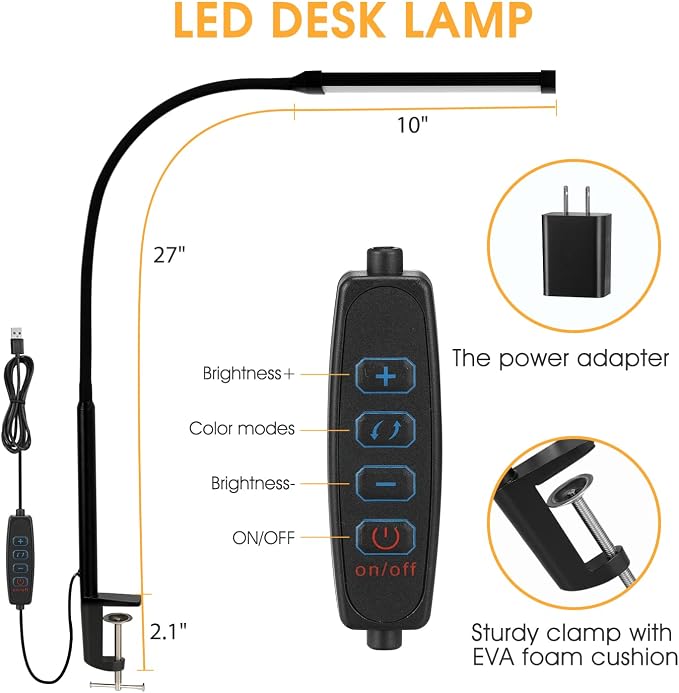 Voncerus LED Desk Lamp with Clamp, Clip on Lights for Home Office, Black | 3 Modes 10 Brightness, Long Flexible Goose-Neck, Eye-Caring, Memory Function, Energy Efficient, USB Adapter, Metal