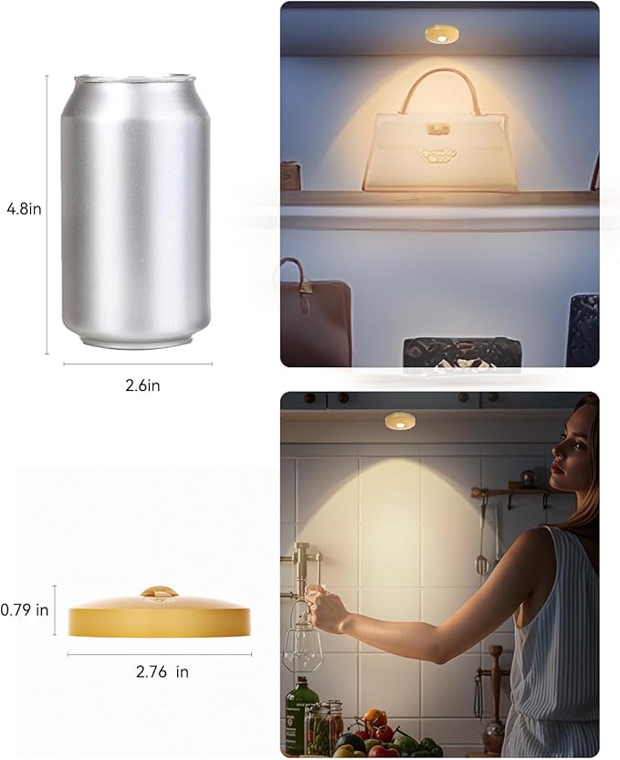 Rechargeable Puck Lights, 6-Pack LED Tap Lights with Remote, 1500mAh Battery, Dimmer & Timer, Wireless Stick-On Under Cabinet Lights for Closet, Bedroom, Kitchen, Gold 6Pcs