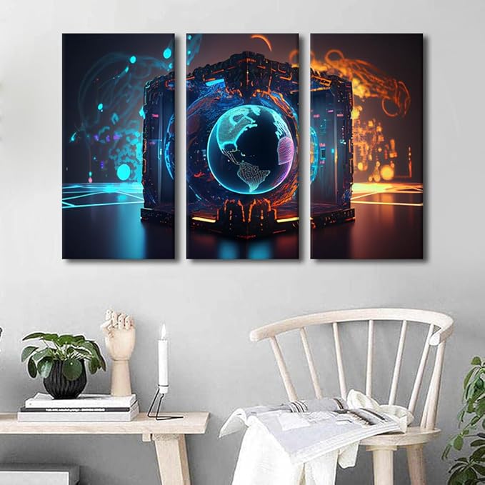 TUMOVO Concept Wall Art 3 Piece Neon Colorful Global World in Cyber Space Canvas Print Art for Bedroom Living Room Decorations, Cyber Space 3D Artwork Posters and Prints Ready to Hang, 60" Wx40 H