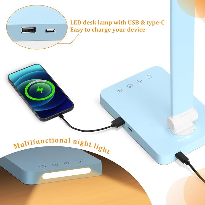 LED Desk Lamp with USB Ports,Touch Desk Lamps for Home Office with 5 Modes | 3 Brightness Desk Light with Small Night Light,Reading Lamp Table Lamp for Bedroom Bedside Study Blue （with adapter）