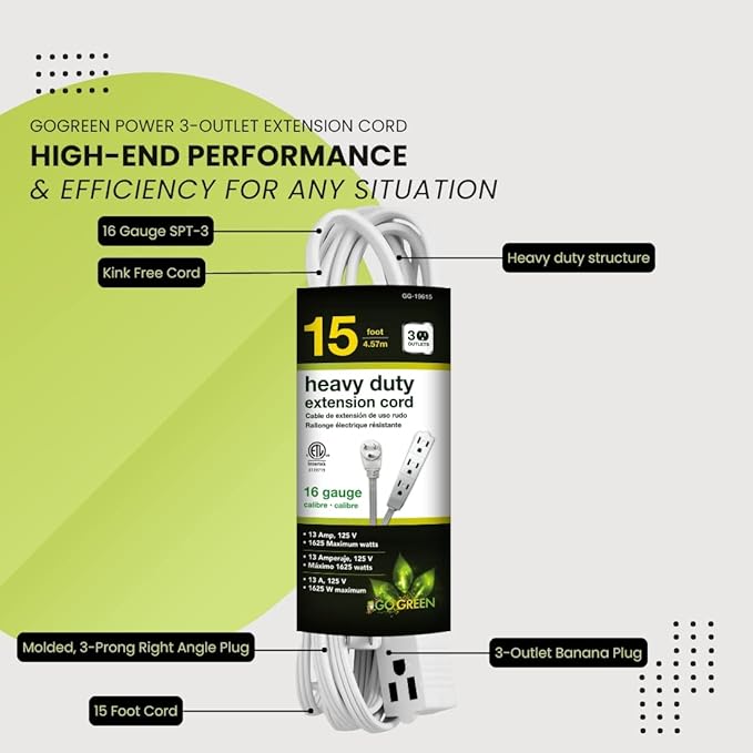 Power By GoGreen Go Green Power Inc. 15ft Extension Cord with 3 Outlets, White - Compact, Flush-Fit Design, Heavy Duty, Grounded Plug - Ideal for Home & Small Appliances - GG-19615