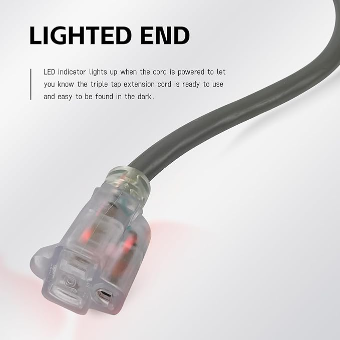 EP 50 Ft Lighted Outdoor Extension Cord - 12/3 SJTW Heavy Duty Grey Extension Cable with 3 Prong Grounded Plug - Power Cord for Lawn, Garden, Appliances