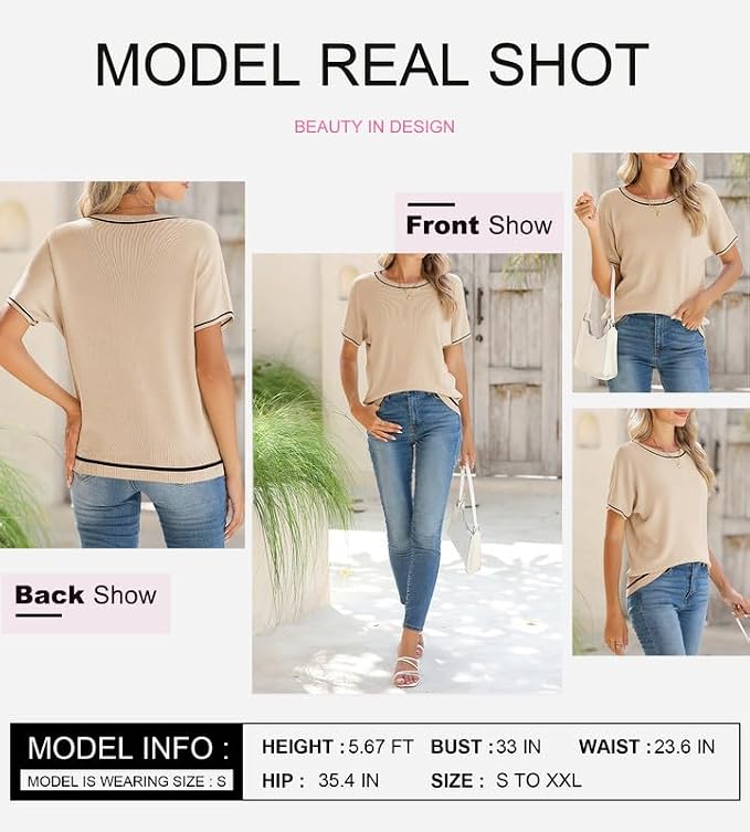 SHEWIN Womens Tops Trendy Short Sleeve Shirts Crewneck Lightweight Knit Sweater Top Business Casual Outfits