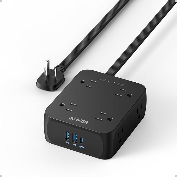 Anker Power Strip with 2000J Surge Protector, Flat Plug Extension Cord with Multiple Outlets, 8 AC, 2 USB A & 1 USB C Port for 20W, 5ft Outlet Extender, Dorm Room Essentials, Home Office, TUV Listed