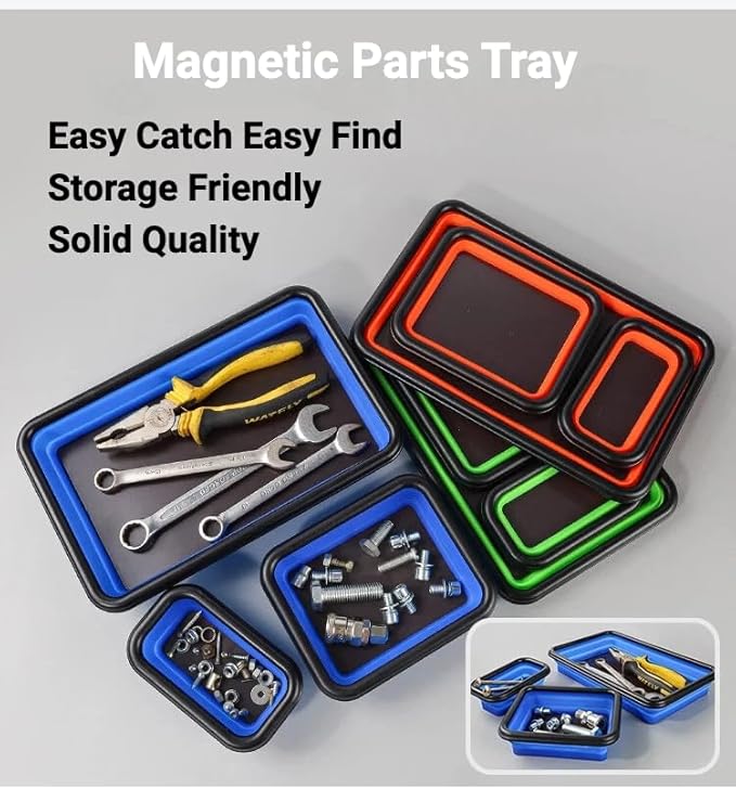 Collapsible Magnetic Parts Tray Set of 3 Different Size, Foldable Silicone Tool Trays for Screws, Bolts, Nuts and Other Small Metal Parts (Green)