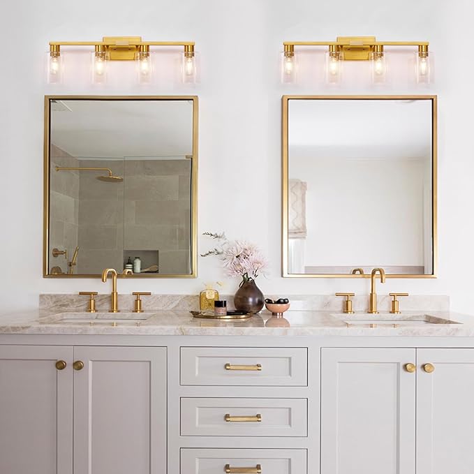 Brushed Gold Bathroom Light fixtures, Gold Vanity Light with Clear Glass Shades,Living Room Bedroom Hallway,Bathroom Lights Fixtures Over Mirror