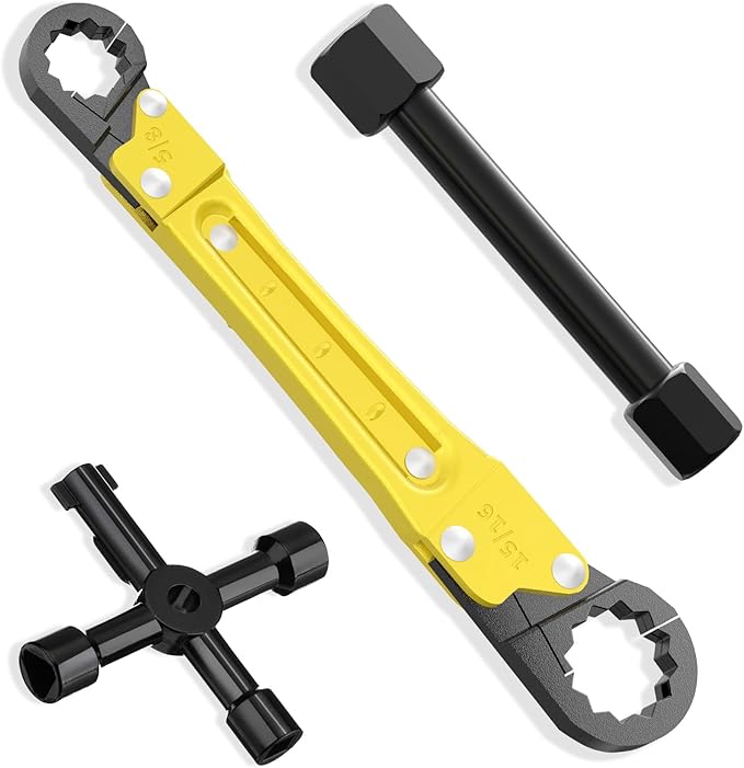 Plumbing Tools Angle Stop Wrench Kit - 3-Piece Plumber Tool Set with Compression Sleeve Puller & 4-Way Sillcock Key - Fits 3/8" & 1/2" MPT Ferrule Removal Tool for Tight Spaces Under Sink-Yellow