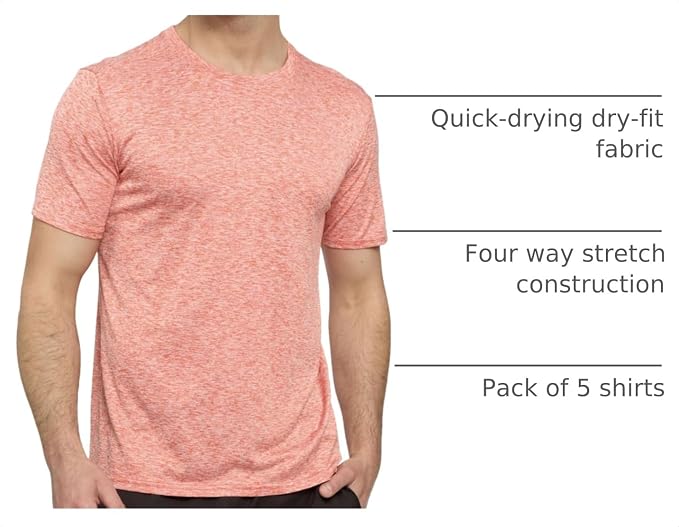 5 Pack Men's Dry Fit Short Sleeve T-Shirt Gym Workout Athletic Running Tee | Cooling, Moisture-Wicking, Crew Neck, Quick-Dry, Breathable, Active, Exercise, Fitness, Basketball, Cycling, Hiking, Tennis