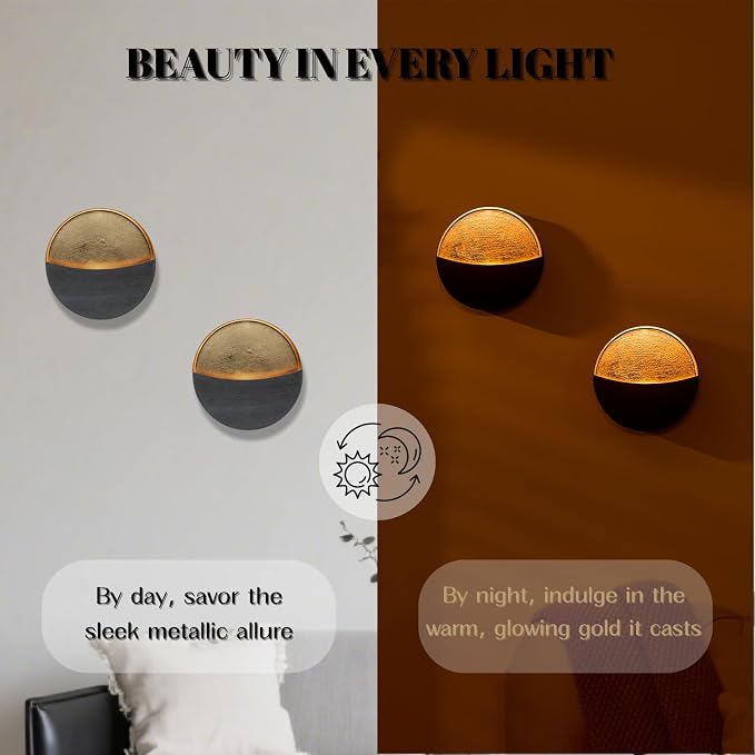 Eclipse Candle Sconces Set of 2, Wall Candle Holders with Gold Interior | Modern Gray Metallic Wall Candlestick Holders with Golden Foil Christmas Decor for Living Room, Bedroom, or Farmhouse Decor