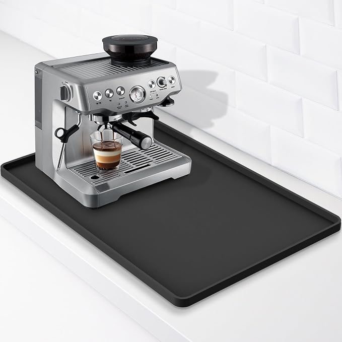 Silicone Coffee Mat 24"x16", Single Piece Anti-Vibration Under Coffee Maker Mat, Non-Slip Espresso Machine Mat with 10mm Raised Edge, Noise Reduction Countertop Protector, Fits Breville Ninja Keurig