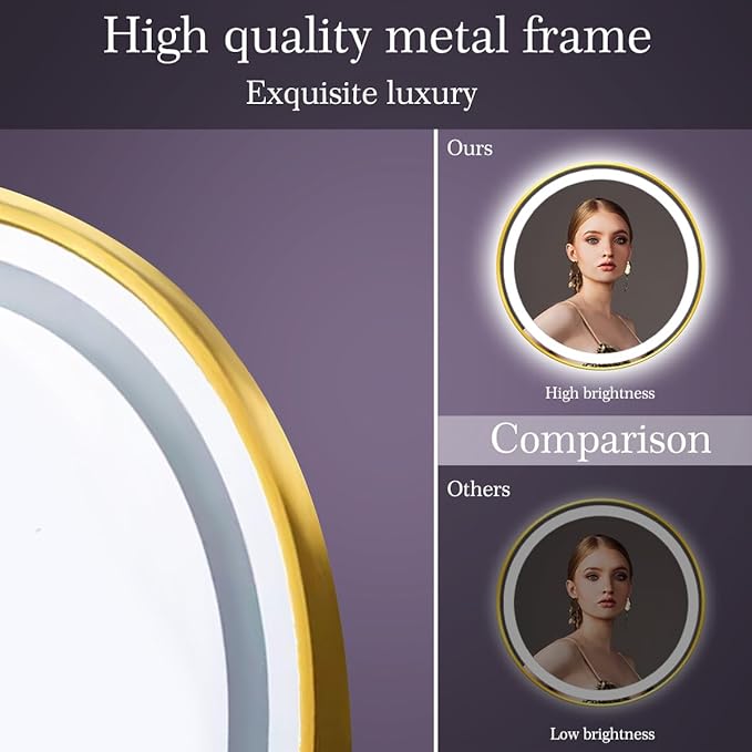 36 Inch Gold Round Vanity Mirror with Lights Gold Frame Round Lighted mirror for Bathroom Salon Wall Makeup 36 Inch Large Golden Circle Round LED Mirrors Smart Memory 3 Color Dimmable AntiFog