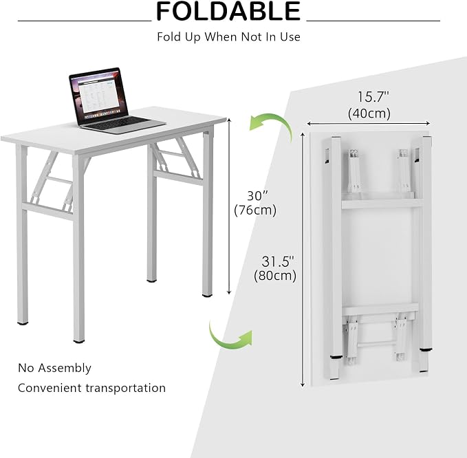 Need Small Desk 31 1/2" No Assembly Foldable Writing Table,Sturdy and Heavy Duty Folding Computer Desks for Small Space/Home Office/Dormitory AC5DW(80 * 40) | White Frame Writing Gaming Work Table/Sturdy Foldable Study Table for Small Space/Dormitory, ...