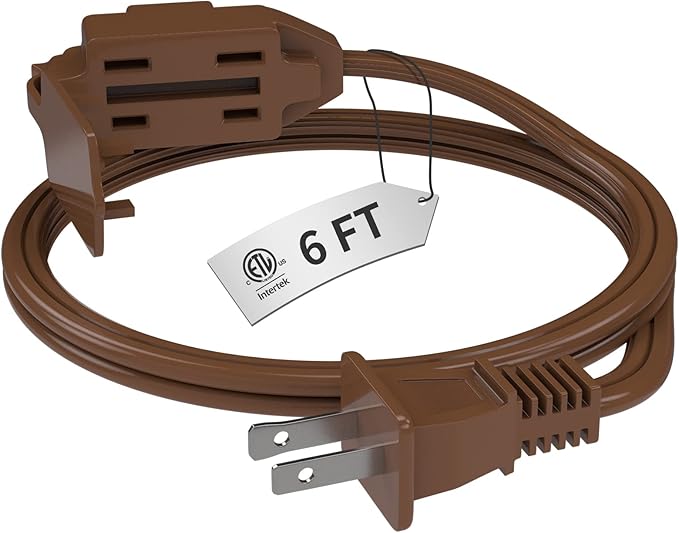PLUGTUL Indoor Brown Extension Cord 6 Feet, 3-Outlet Household Extension Cord, 2 Prong, 16Gauge, 3 Polarized Outlets with Safety Cap Protect for Home Office, 16/2 SPT-2 ETL Listed