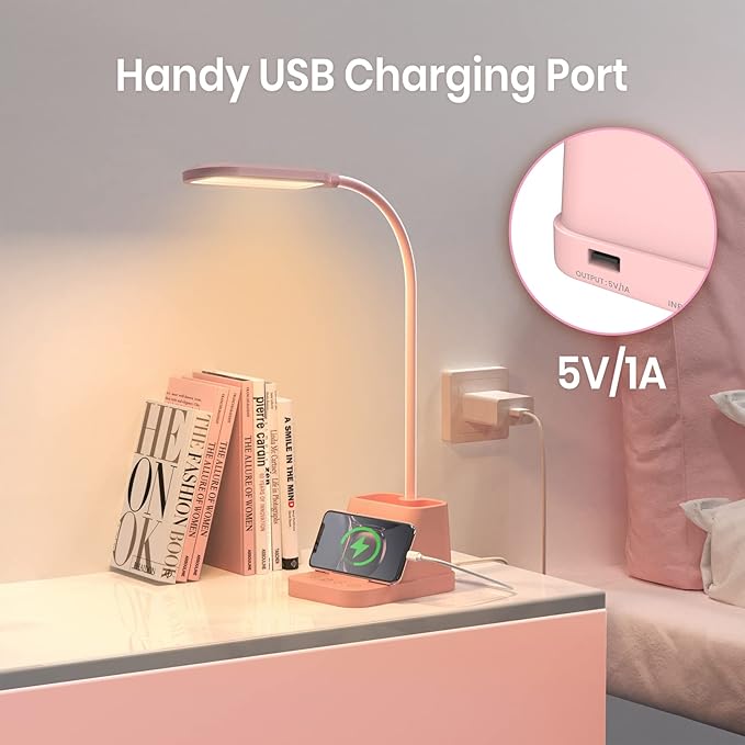 AXX Pink Cute Desk Lamp with USB Charging Port for Kids Teen Girls Women | Kawaii, Small, LED, 650LM, for College Dorm Room Bedrooms, Home Office Accessories, Study Table Essentials