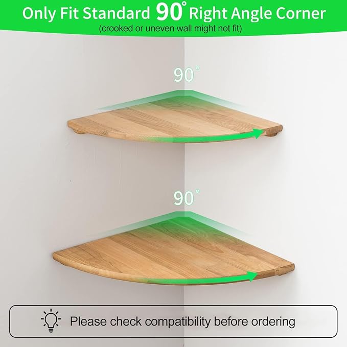 Corner Shelves, Floating Corner Shelf, Set of 3 Solid Oak Wood Corner Wall Shelves, Round End with Wire Hole Shelving for Small Plant for Bedroom Kitchen, Living Room (Size 9/10/12in)