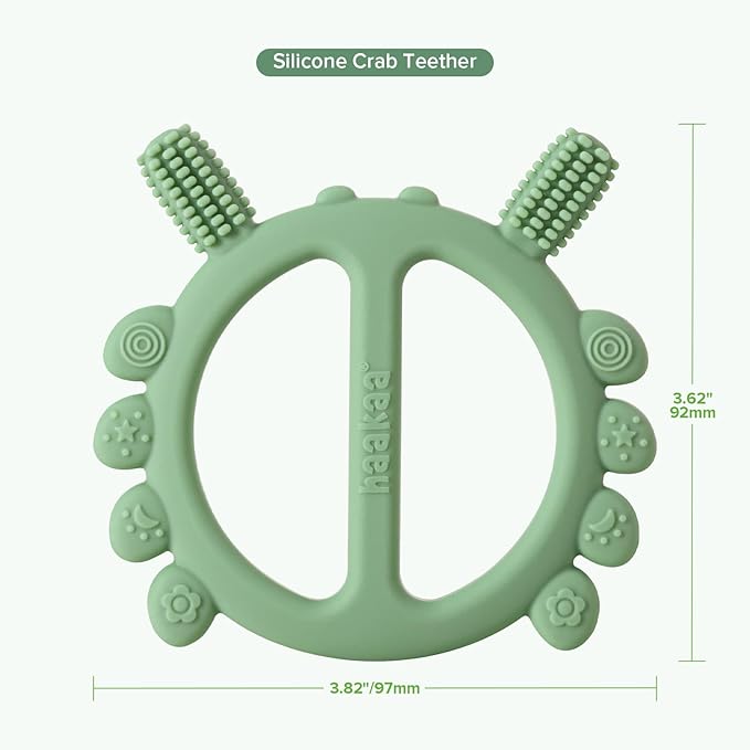 Haakaa Silicone Crab Baby Teether,Teething Toys,360° Baby Toothbrush Head for Infant Self-Brushing Training,Food-Grade Silicone,Pea Green