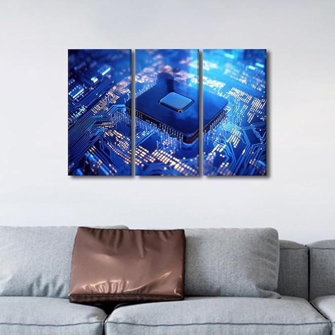 TUMOVO Circuit Board Pictures for Living Room Wall Decoration Semiconductor Chip Wall Art Chip Artwork on Canvas Modern Home Decor 3 Pieces Posters and Prints Framed Ready to Hang, 36" Wx24 H