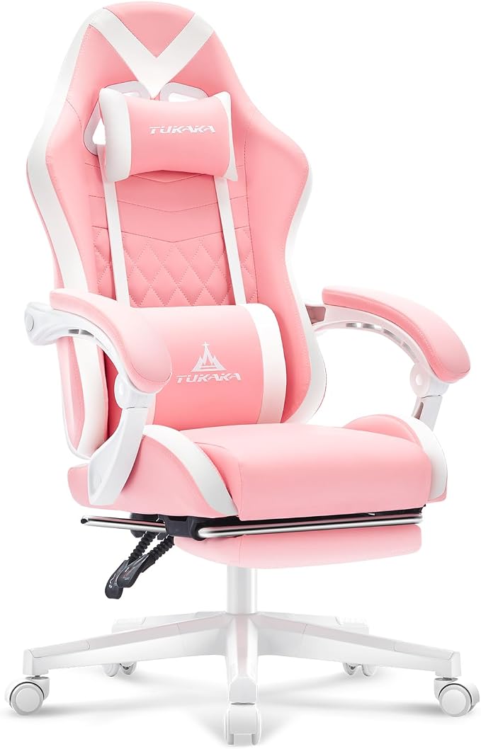 Gaming Chair,Ergonomic Massage Office Desk Chair with Footrest,Pink | Pocket Spring Cushion,Reclining,Thick High Back,Headrest and Lumbar Support,Adjustable Leather Computer Chair Gamer Chair