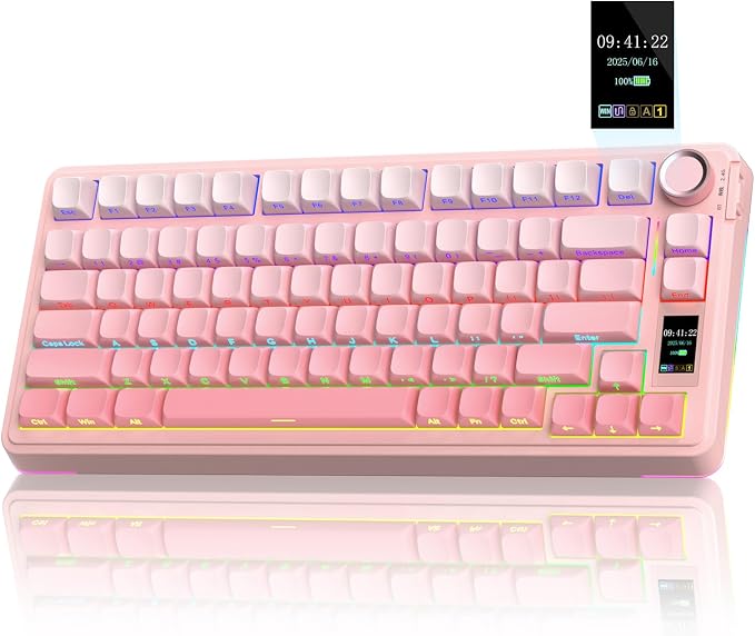AULA S75 PRO Wireless Mechanical Keyboard with Screen&Knob, Tri-Mode Hot Swappable Gaming Keyboard 75%, Pre-lubed Switches, RGB Backlit, Side Printed PBT Keycaps, Creamy Sounding Pink Keyboards